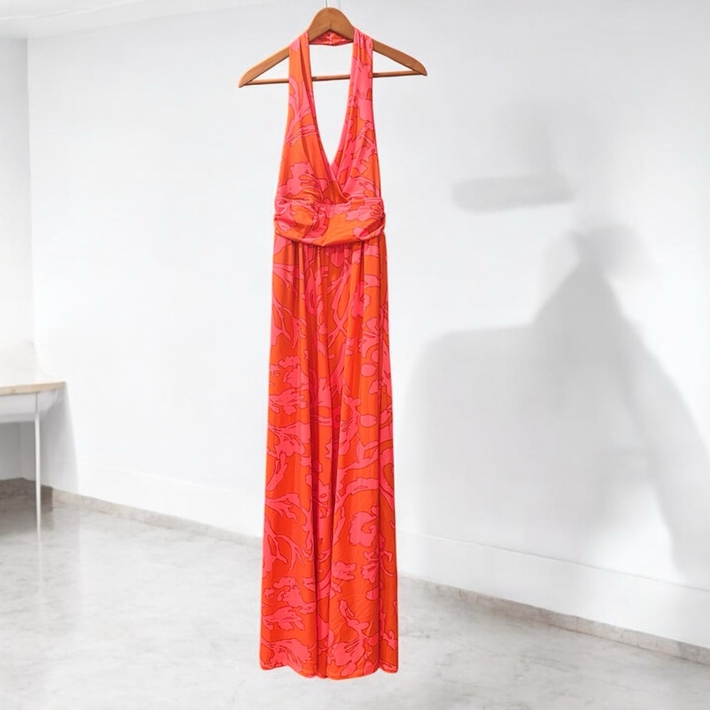 Julie Brown Jumpsuit Pink and orange tropical halter open back, wide leg‎ size L